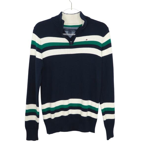 Tommy Hilfiger Women's Navy & Green Knit Striped Preppy Quarter Zip Sweater XL - Picture 1 of 7